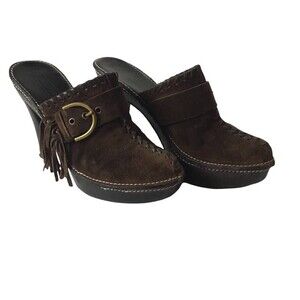 Coach Katryna Brown Suede Fringe Mule Clog Heels Boho Buckle Slip On 7B